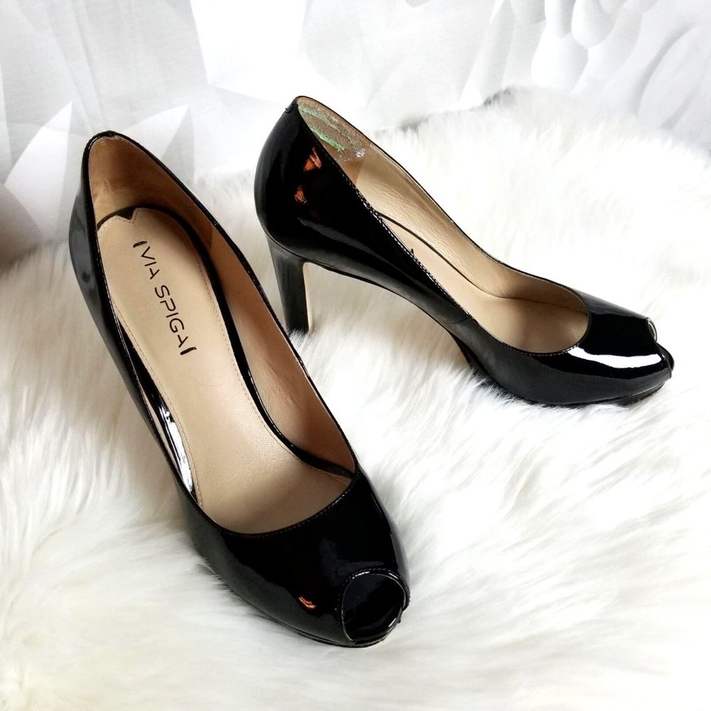 Via Spiga Women's High Heel Platform Pumps Size 8.5M Peep Toe Black